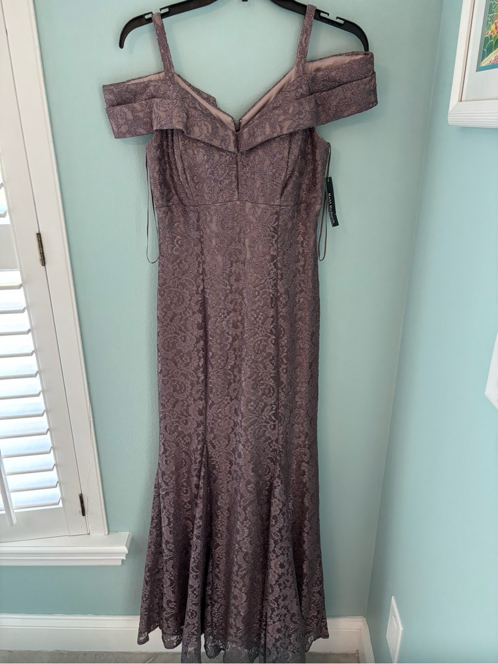 R&M Richards Off-Shoulder Glittery Lace Mermaid Evening Gown in Mocha 4 NWT
